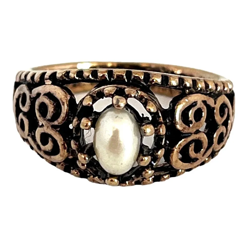 Vintage 1980s Pearl Filigree Ring Antiqued Gold Tone Scroll Design - 5Z